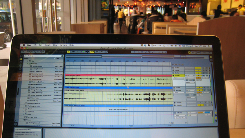 Working on "Chorus of Echoes" at "Everybody's Happy"